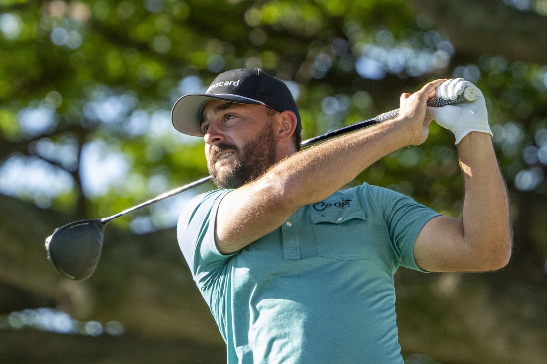 January 14, 2024; Honolulu, Hawaii, USA; Stephan Jaeger hits his tee shot on the second hole during the final round of the Sony Open in Hawaii golf tournament at Waialae Country Club. Mandatory Credit: Kyle Terada-USA TODAY Sports