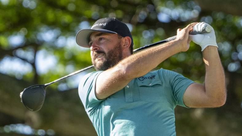 January 14, 2024; Honolulu, Hawaii, USA; Stephan Jaeger hits his tee shot on the second hole during the final round of the Sony Open in Hawaii golf tournament at Waialae Country Club. Mandatory Credit: Kyle Terada-USA TODAY Sports