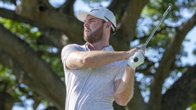 January 14, 2024; Honolulu, Hawaii, USA; Grayson Murray hits his tee shot on the second hole during the final round of the Sony Open in Hawaii golf tournament at Waialae Country Club. Mandatory Credit: Kyle Terada-USA TODAY Sports