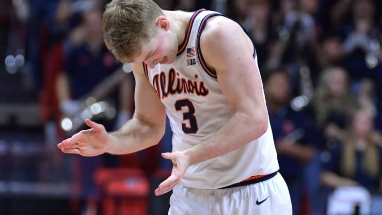 Jan 14, 2024; Champaign, Illinois, USA;  Illinois Fighting Illini guard Marcus Domask (3) slaps his hands after a turnover during the second half against the Maryland Terrapins at State Farm Center. Mandatory Credit: Ron Johnson-USA TODAY Sports