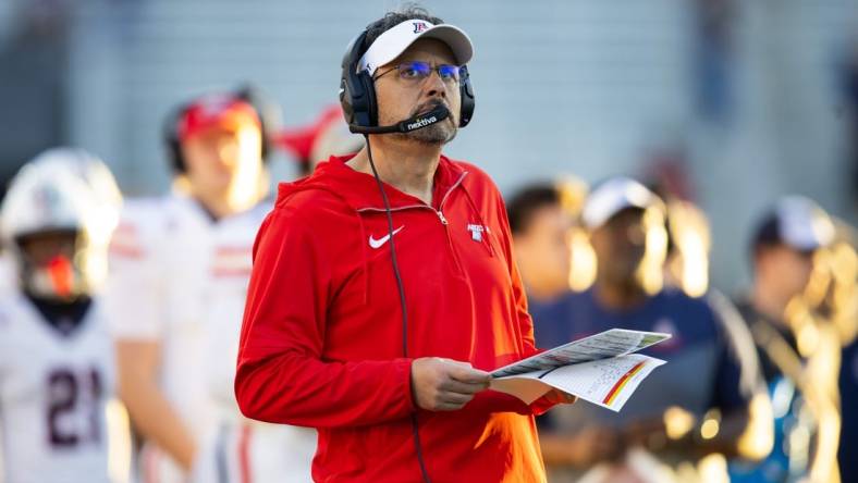 Nov 25, 2023; Tempe, Arizona, USA; Arizona Wildcats head coach Jedd Fisch against the Arizona State Sun Devils in the first half of the Territorial Cup at Mountain America Stadium. Mandatory Credit: Mark J. Rebilas-USA TODAY Sports