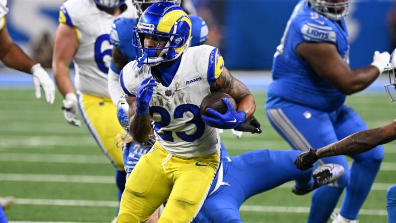 Jan 14, 2024; Detroit, Michigan, USA; Los Angeles Rams running back Kyren Williams (23) runs during the second half of a 2024 NFC wild card game against the Detroit Lions at Ford Field. Mandatory Credit: Lon Horwedel-USA TODAY Sports