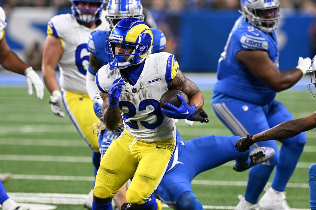 Jan 14, 2024; Detroit, Michigan, USA; Los Angeles Rams running back Kyren Williams (23) runs during the second half of a 2024 NFC wild card game against the Detroit Lions at Ford Field. Mandatory Credit: Lon Horwedel-USA TODAY Sports
