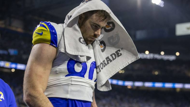 Jan 14, 2024; Detroit, Michigan, USA; Los Angeles Rams tight end Tyler Higbee (89) leaves the field after losing a 2024 NFC wild card game against the Detroit Lions at Ford Field. Mandatory Credit: David Reginek-USA TODAY Sports