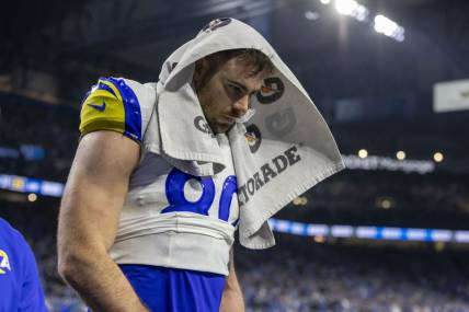 Jan 14, 2024; Detroit, Michigan, USA; Los Angeles Rams tight end Tyler Higbee (89) leaves the field after losing a 2024 NFC wild card game against the Detroit Lions at Ford Field. Mandatory Credit: David Reginek-USA TODAY Sports