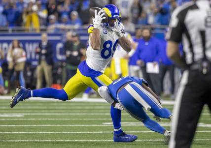 Jan 14, 2024; Detroit, Michigan, USA; Detroit Lions safety Kerby Joseph (31) breaks up a catch attempt by Los Angeles Rams tight end Tyler Higbee (89) during the second half of a 2024 NFC wild card game at Ford Field. Mandatory Credit: David Reginek-USA TODAY Sports