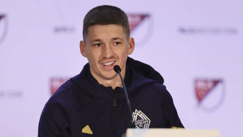 Jan 11, 2024; Miami, FL, USA; Vancouver Whitecaps FC forward Ryan Gauld speaks during MLS Media Day at Miami Beach Convention Center. Mandatory Credit: Sam Navarro-USA TODAY Sports