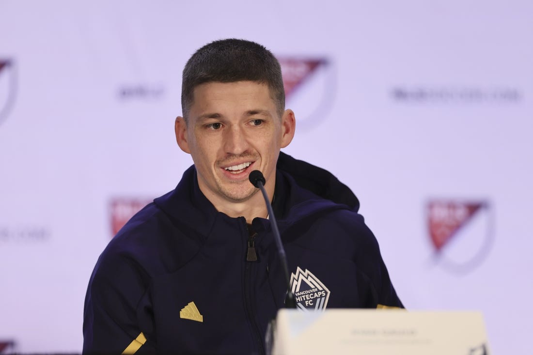 Jan 11, 2024; Miami, FL, USA; Vancouver Whitecaps FC forward Ryan Gauld speaks during MLS Media Day at Miami Beach Convention Center. Mandatory Credit: Sam Navarro-USA TODAY Sports