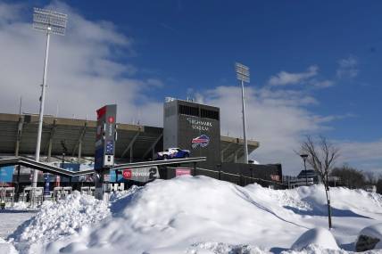 Jan 15, 2024; Orchard Park, New York, USA; Snow outside of Highmark Stadium during a 2024 AFC wild card game between the Pittsburgh Steelers and the Buffalo Bills. Mandatory Credit: Kirby Lee-USA TODAY Sports