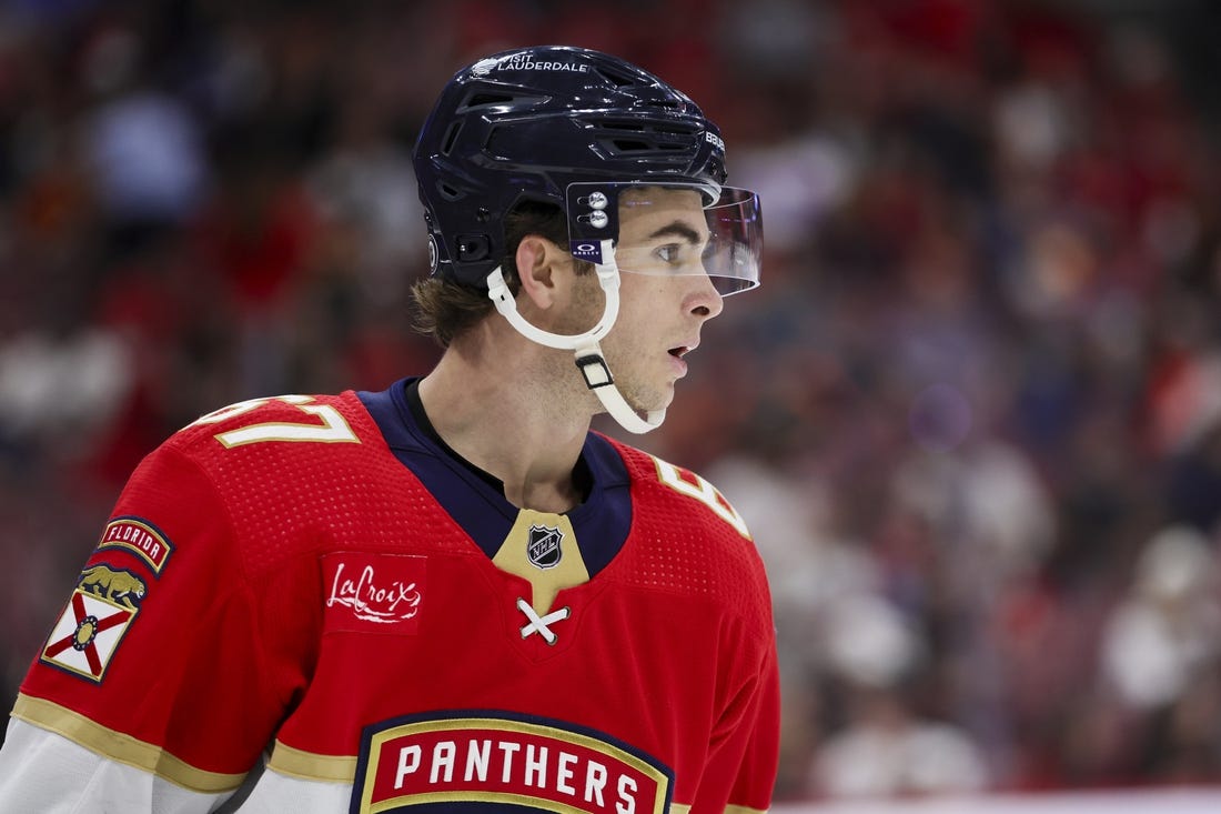 Jan 15, 2024; Sunrise, Florida, USA; Florida Panthers right wing William Lockwood (67) looks on during the first period against the Anaheim Ducks at Amerant Bank Arena. Mandatory Credit: Sam Navarro-USA TODAY Sports