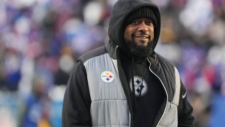 Jan 15, 2024; Orchard Park, New York, USA; Pittsburgh Steelers head coach Mike Tomlin walks the field before the game against the Buffalo Bills in a 2024 AFC wild card game at Highmark Stadium. Mandatory Credit: Kirby Lee-USA TODAY Sports