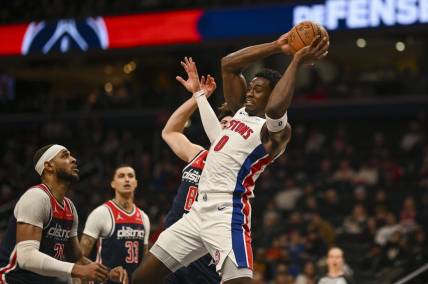 Jan 15, 2024; Washington, District of Columbia, USA;  Detroit Pistons center Jalen Duren (0) looks to pass during the second  half against the Washington Wizardsm at Capital One Arena. Mandatory Credit: Tommy Gilligan-USA TODAY Sports