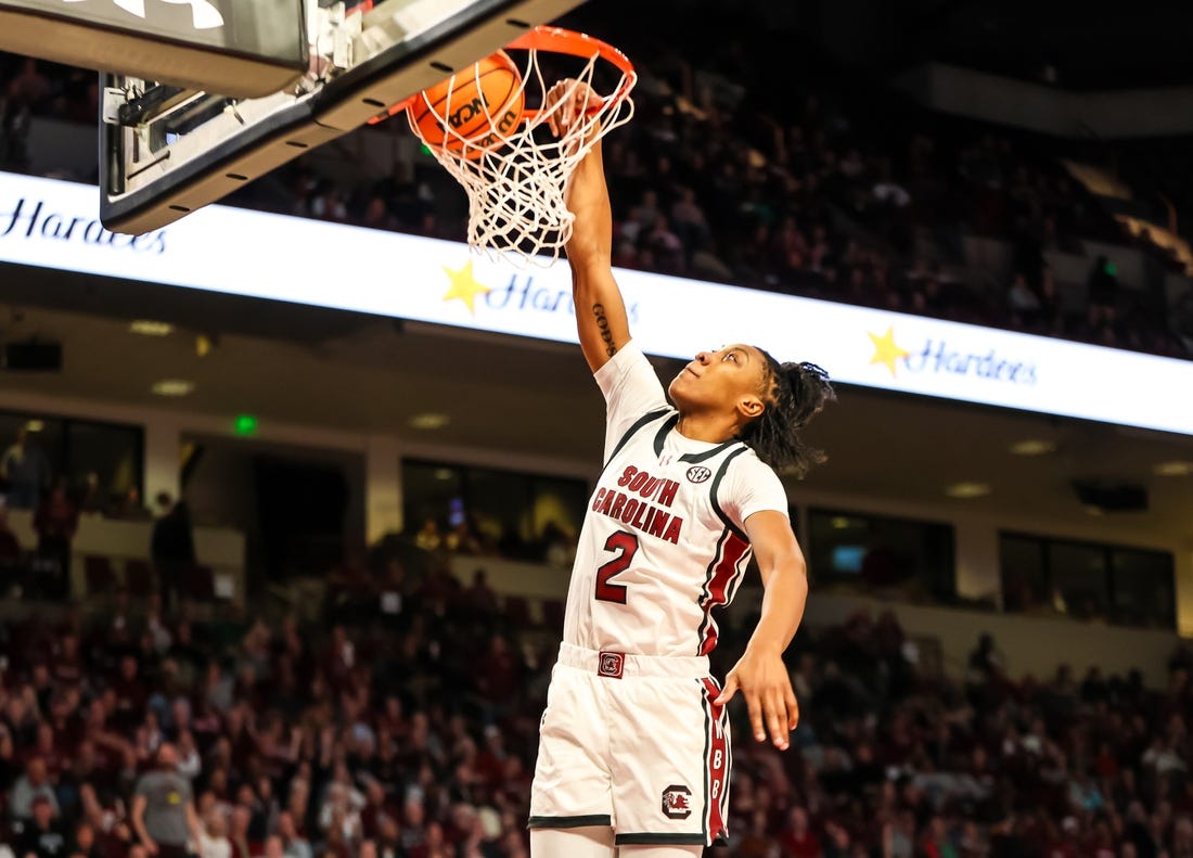 Jan 15, 2024; Columbia, South Carolina, USA; South Carolina Gamecocks forward Ashlyn Watkins (2) dunks against the Kentucky Wildcats in the first half at Colonial Life Arena. Mandatory Credit: Jeff Blake-USA TODAY Sports