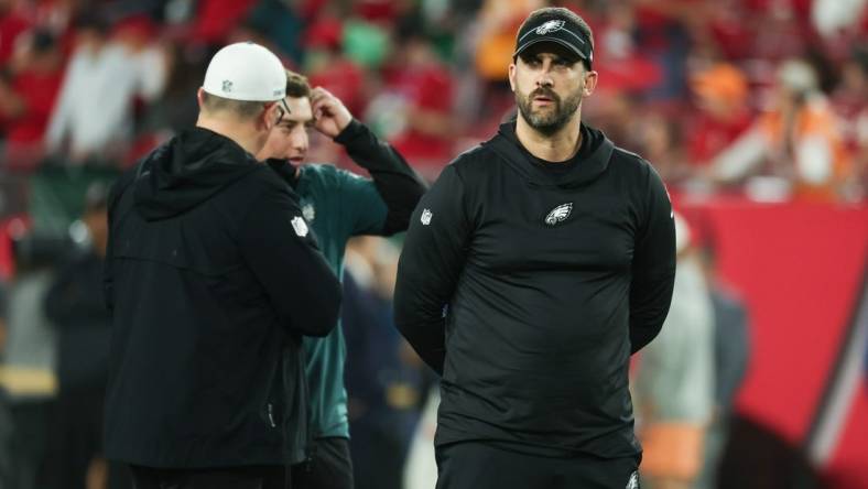 Jan 15, 2024; Tampa, Florida, USA; Philadelphia Eagles head coach Nick Sirianni stands on the sidelines during warm ups before a 2024 NFC wild card game against the Tampa Bay Buccaneers at Raymond James Stadium. Mandatory Credit: Kim Klement Neitzel-USA TODAY Sports