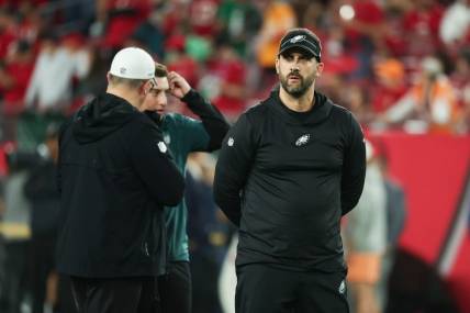 Jan 15, 2024; Tampa, Florida, USA; Philadelphia Eagles head coach Nick Sirianni stands on the sidelines during warm ups before a 2024 NFC wild card game against the Tampa Bay Buccaneers at Raymond James Stadium. Mandatory Credit: Kim Klement Neitzel-USA TODAY Sports