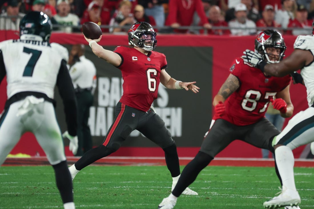 Jan 15, 2024; Tampa, Florida, USA; Tampa Bay Buccaneers quarterback Baker Mayfield (6) throws against the Philadelphia Eagles during the first half of a 2024 NFC wild card game at Raymond James Stadium. Mandatory Credit: Kim Klement Neitzel-USA TODAY Sports