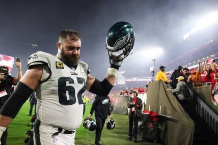 Jan 15, 2024; Tampa, Florida, USA; Philadelphia Eagles center Jason Kelce (62) thanks the fans as he leaves the field after a 2024 NFC wild card game against the Tampa Bay Buccaneers at Raymond James Stadium. Mandatory Credit: Nathan Ray Seebeck-USA TODAY Sports