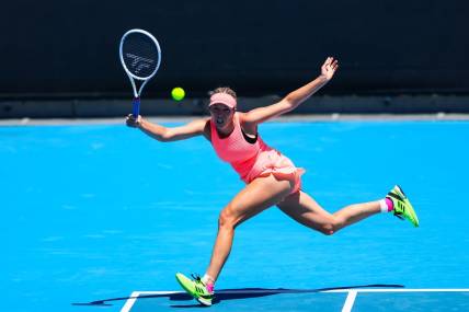 Jan 16, 2024; Melbourne, Victoria, Australia; Danielle Collins of the United States plays a shot against Angelique Kerber (not pictured) of Germany in Round 1 of the Women's Singles on Day 3 of the Australian Open tennis at Rod Laver Arena. Mandatory Credit: Mike Frey-USA TODAY Sports