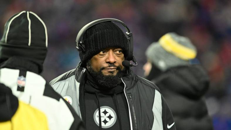 Jan 15, 2024; Orchard Park, New York, USA; Pittsburgh Steelers head coach Mike Tomlin reacts in the in the second half against the Buffalo Bills in a 2024 AFC wild card game at Highmark Stadium. Mandatory Credit: Mark Konezny-USA TODAY Sports