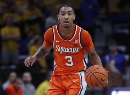 Jan 16, 2024; Pittsburgh, Pennsylvania, USA; Syracuse Orange guard Judah Mintz (3) brings the ball up court against the Pittsburgh Panthers during the first half at the Petersen Events Center. Mandatory Credit: Charles LeClaire-USA TODAY Sports