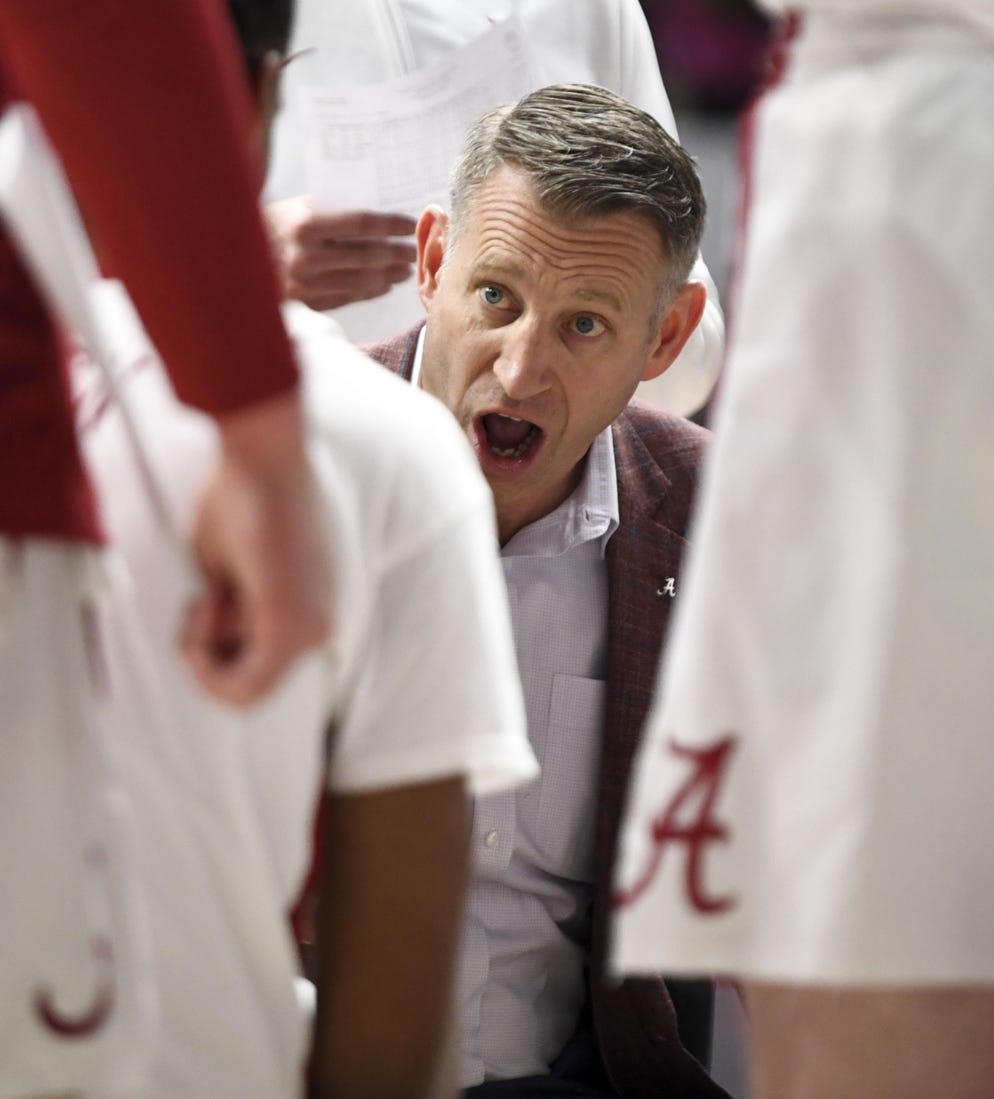 Jan 16, 2024; Tuscaloosa, Alabama, USA; Alabama head coach Nate Oats talks to his team during a timeout as they play Missouri at Coleman Coliseum. Mandatory Credit: Gary Cosby Jr.-USA TODAY Sports