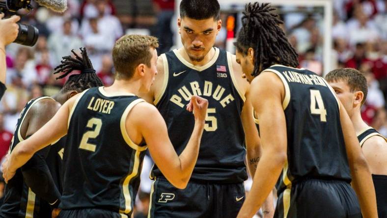 Purdue's Zach Edey (15) and the Boilermakers huddle up before the start of the first half of the Indiana versus Purdue men's basketball game at Simon Skjodt Assembly Hall on Tuesday, Jan. 16, 2024.