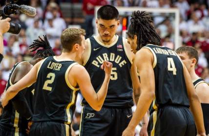 Purdue's Zach Edey (15) and the Boilermakers huddle up before the start of the first half of the Indiana versus Purdue men's basketball game at Simon Skjodt Assembly Hall on Tuesday, Jan. 16, 2024.