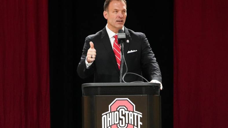 Jan 17, 2024; Columbus, OH, USA; Ross Bjork speaks during an introductory press conference for Ohio State University   s new athletic director at the Covelli Center.