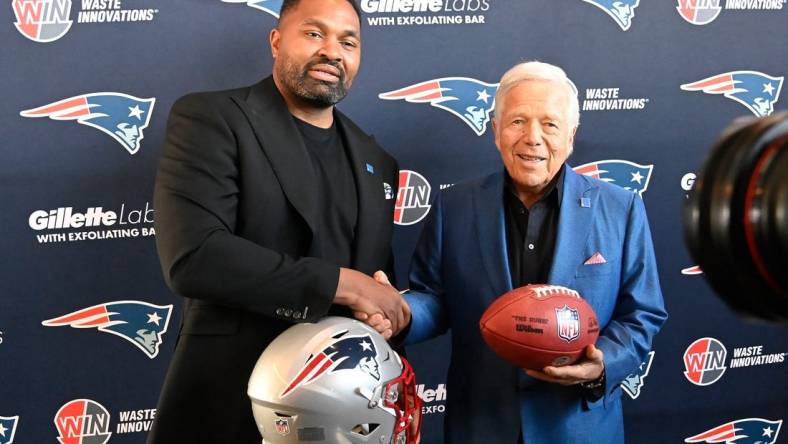 Jan 17, 2024; Foxborough, MA, USA; New England Patriots head coach Jerod Mayo (L) and owner Robert Kraft pose for photos after a press conference announcing Mayo's hiring as the team's head coach at Gillette Stadium. Mandatory Credit: Eric Canha-USA TODAY Sports