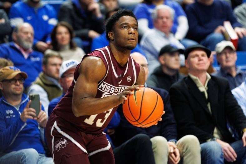 Jan 17, 2024; Lexington, Kentucky, USA; Mississippi State Bulldogs guard Josh Hubbard (13) shoots the ball during the first half against the Kentucky Wildcats at Rupp Arena at Central Bank Center. Mandatory Credit: Jordan Prather-USA TODAY Sports