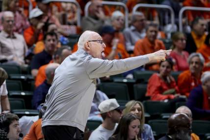 Jan 17, 2024; Coral Gables, Florida, USA; Miami Hurricanes head coach Jim Larranaga reacts from the sideline against the Florida State Seminoles during the second half at Watsco Center. Mandatory Credit: Sam Navarro-USA TODAY Sports