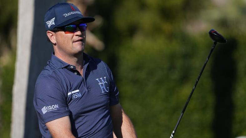 Jan 18, 2024; La Quinta, California, USA; Zach Johnson hits his tee shot on the first hole during the first round of the The American Express golf tournament at La Quinta Country Club. Mandatory Credit: Ray Acevedo-USA TODAY Sports