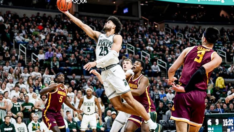 Michigan State's Malik Hall scores against Minnesota during the first half on Thursday, Jan. 18, 2024, at the Breslin Center in East Lansing.