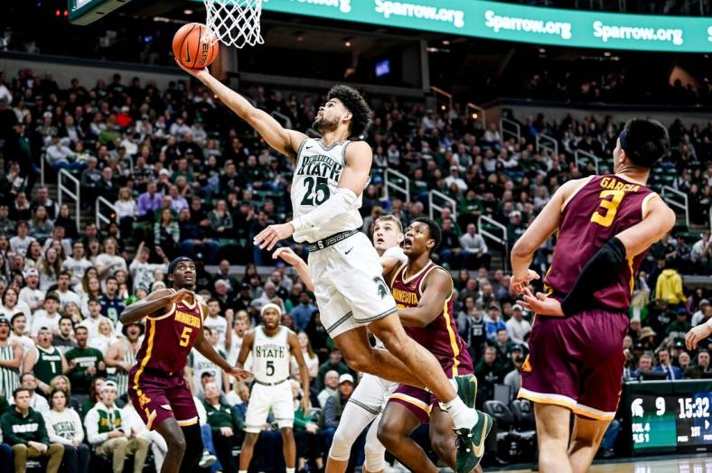 Michigan State's Malik Hall scores against Minnesota during the first half on Thursday, Jan. 18, 2024, at the Breslin Center in East Lansing.