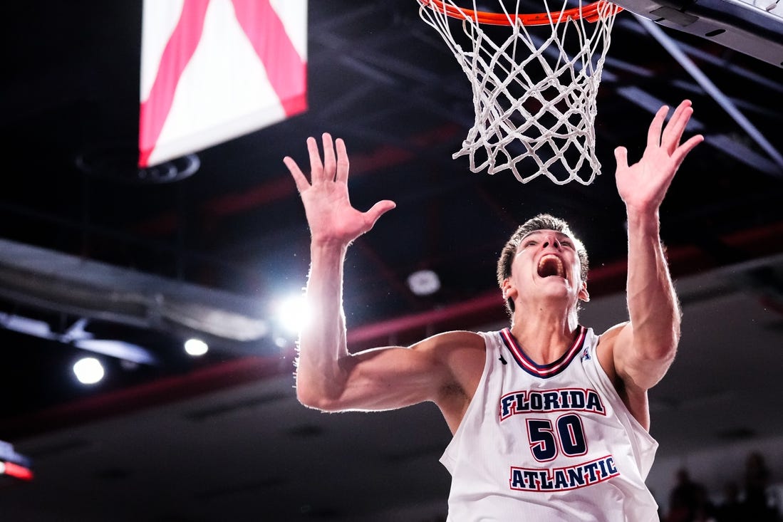 Jan 18, 2024; Boca Raton, Florida, USA; Florida Atlantic Owls center Vladislav Goldin (50) reacts after being fouled by Wichita State Shockers during the second half at Eleanor R. Baldwin Arena. Mandatory Credit: Rich Storry-USA TODAY Sports