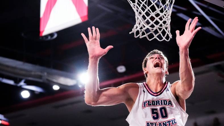 Jan 18, 2024; Boca Raton, Florida, USA; Florida Atlantic Owls center Vladislav Goldin (50) reacts after being fouled by Wichita State Shockers during the second half at Eleanor R. Baldwin Arena. Mandatory Credit: Rich Storry-USA TODAY Sports