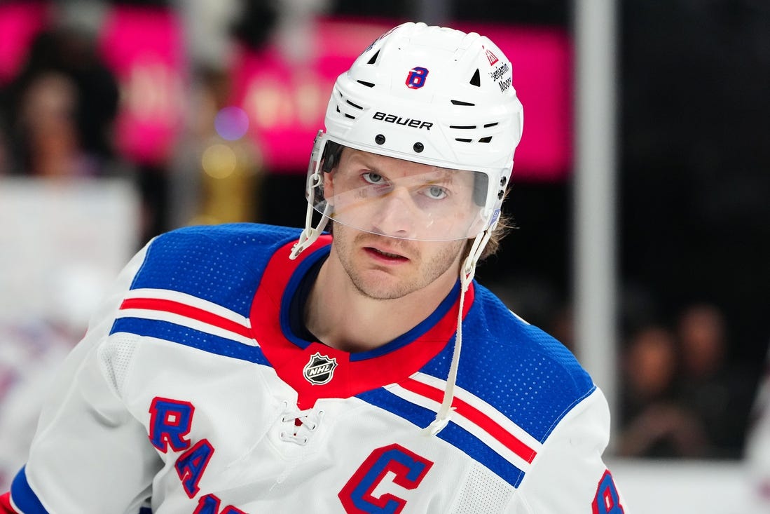 Jan 18, 2024; Las Vegas, Nevada, USA; New York Rangers defenseman Jacob Trouba (8) warms up before a game against the Vegas Golden Knights at T-Mobile Arena. Mandatory Credit: Stephen R. Sylvanie-USA TODAY Sports