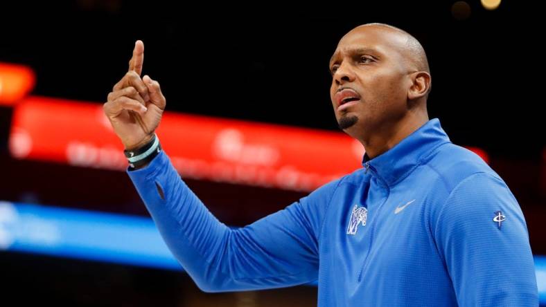 Jan 18, 2024; Memphis, Tennessee, USA; Memphis Tigers head coach Penny Hardaway looks in frustration at a referee after a call during the game between the University of South Florida and the University of Memphis at FedExForum. Mandatory Credit: Chris Day-USA TODAY Sports