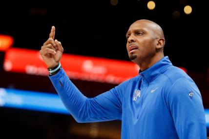 Jan 18, 2024; Memphis, Tennessee, USA; Memphis Tigers head coach Penny Hardaway looks in frustration at a referee after a call during the game between the University of South Florida and the University of Memphis at FedExForum. Mandatory Credit: Chris Day-USA TODAY Sports