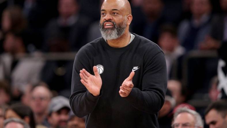 Jan 18, 2024; New York, New York, USA; Washington Wizards head coach Wes Unseld Jr. coaches against the New York Knicks during the third quarter at Madison Square Garden. Mandatory Credit: Brad Penner-USA TODAY Sports