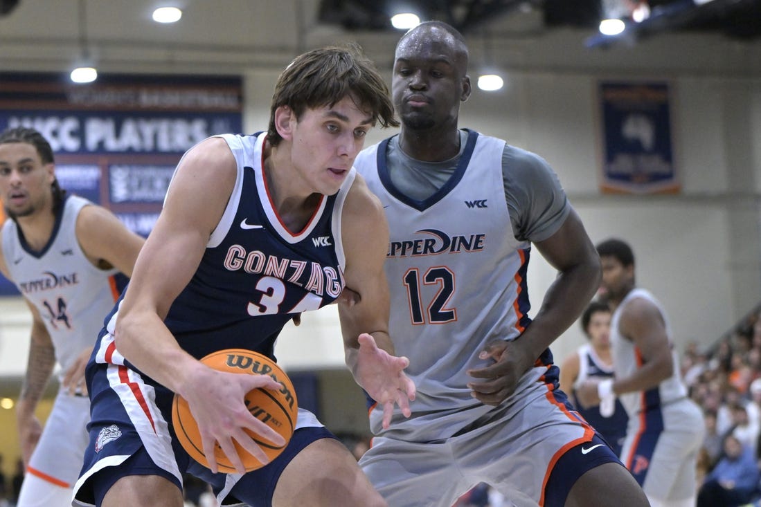 Jan 18, 2024; Malibu, California, USA; Gonzaga Bulldogs guard Luka Krajnovic (3) is defended by Pepperdine Waves forward Boubacar Coulibaly (12) in the first half at Firestone Fieldhouse. Mandatory Credit: Jayne Kamin-Oncea-USA TODAY Sports