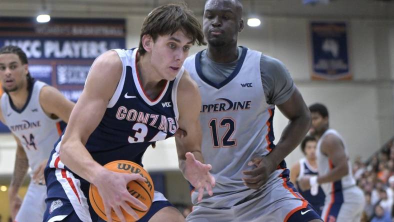 Jan 18, 2024; Malibu, California, USA; Gonzaga Bulldogs guard Luka Krajnovic (3) is defended by Pepperdine Waves forward Boubacar Coulibaly (12) in the first half at Firestone Fieldhouse. Mandatory Credit: Jayne Kamin-Oncea-USA TODAY Sports