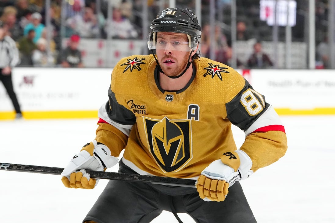 Jan 18, 2024; Las Vegas, Nevada, USA; Vegas Golden Knights right wing Jonathan Marchessault (81) skates against the New York Rangers during the second period at T-Mobile Arena. Mandatory Credit: Stephen R. Sylvanie-USA TODAY Sports