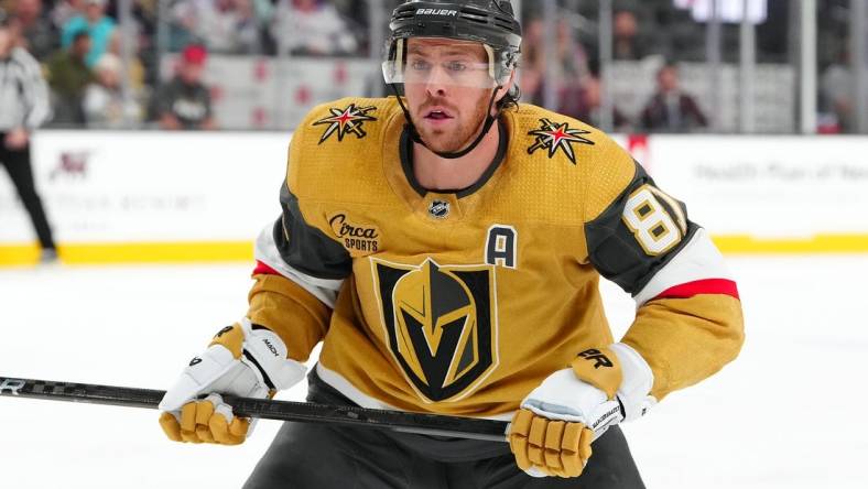 Jan 18, 2024; Las Vegas, Nevada, USA; Vegas Golden Knights right wing Jonathan Marchessault (81) skates against the New York Rangers during the second period at T-Mobile Arena. Mandatory Credit: Stephen R. Sylvanie-USA TODAY Sports