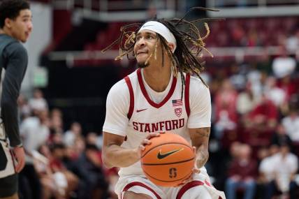 Jan 18, 2024; Stanford, California, USA; Stanford Cardinal guard Kanaan Carlyle (3) dribbles the ball against the Washington State Cougars during the first half at Maples Pavilion. Mandatory Credit: Robert Edwards-USA TODAY Sports