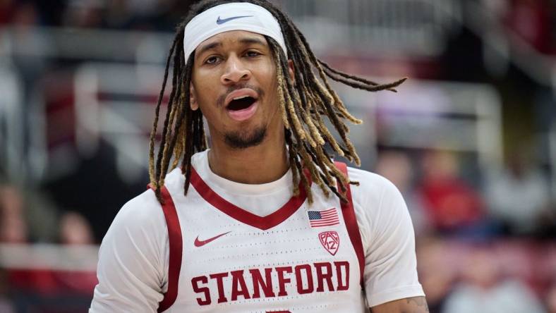 Jan 18, 2024; Stanford, California, USA; Stanford Cardinal guard Kanaan Carlyle (3) reacts during the first half against the Washington State Cougars at Maples Pavilion. Mandatory Credit: Robert Edwards-USA TODAY Sports