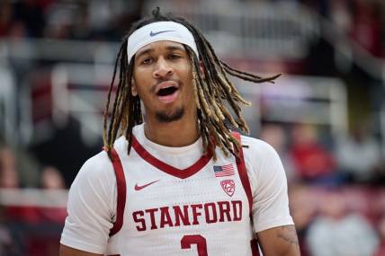 Jan 18, 2024; Stanford, California, USA; Stanford Cardinal guard Kanaan Carlyle (3) reacts during the first half against the Washington State Cougars at Maples Pavilion. Mandatory Credit: Robert Edwards-USA TODAY Sports