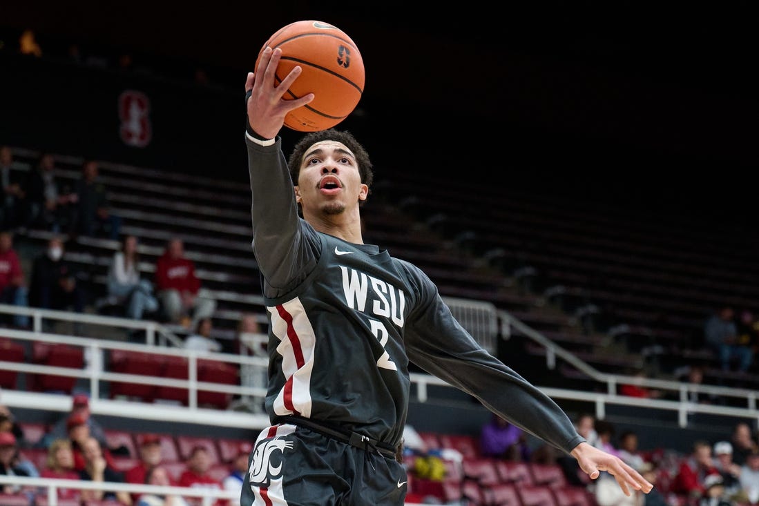 Jan 18, 2024; Stanford, California, USA; Washington State Cougars guard Myles Rice (2) shoots the ball against the Stanford Cardinal  during the first half at Maples Pavilion. Mandatory Credit: Robert Edwards-USA TODAY Sports