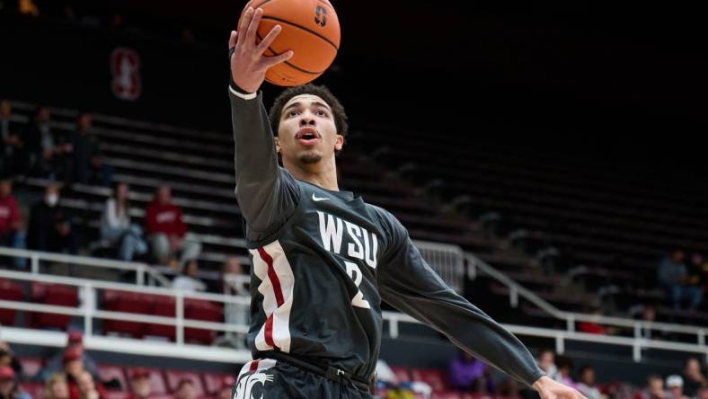 Jan 18, 2024; Stanford, California, USA; Washington State Cougars guard Myles Rice (2) shoots the ball against the Stanford Cardinal  during the first half at Maples Pavilion. Mandatory Credit: Robert Edwards-USA TODAY Sports