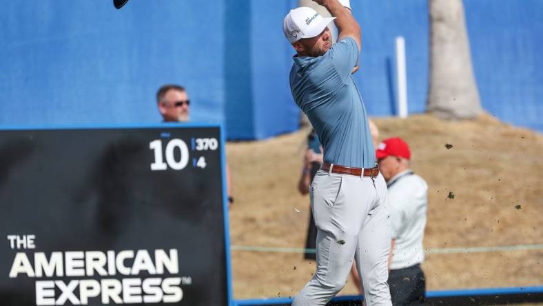 Sam Burns tees off on the 10th hole of the Nicklaus Tournament Course at PGA West during the second round of the American Express in La Quinta, Calif., Jan. 19, 2023.